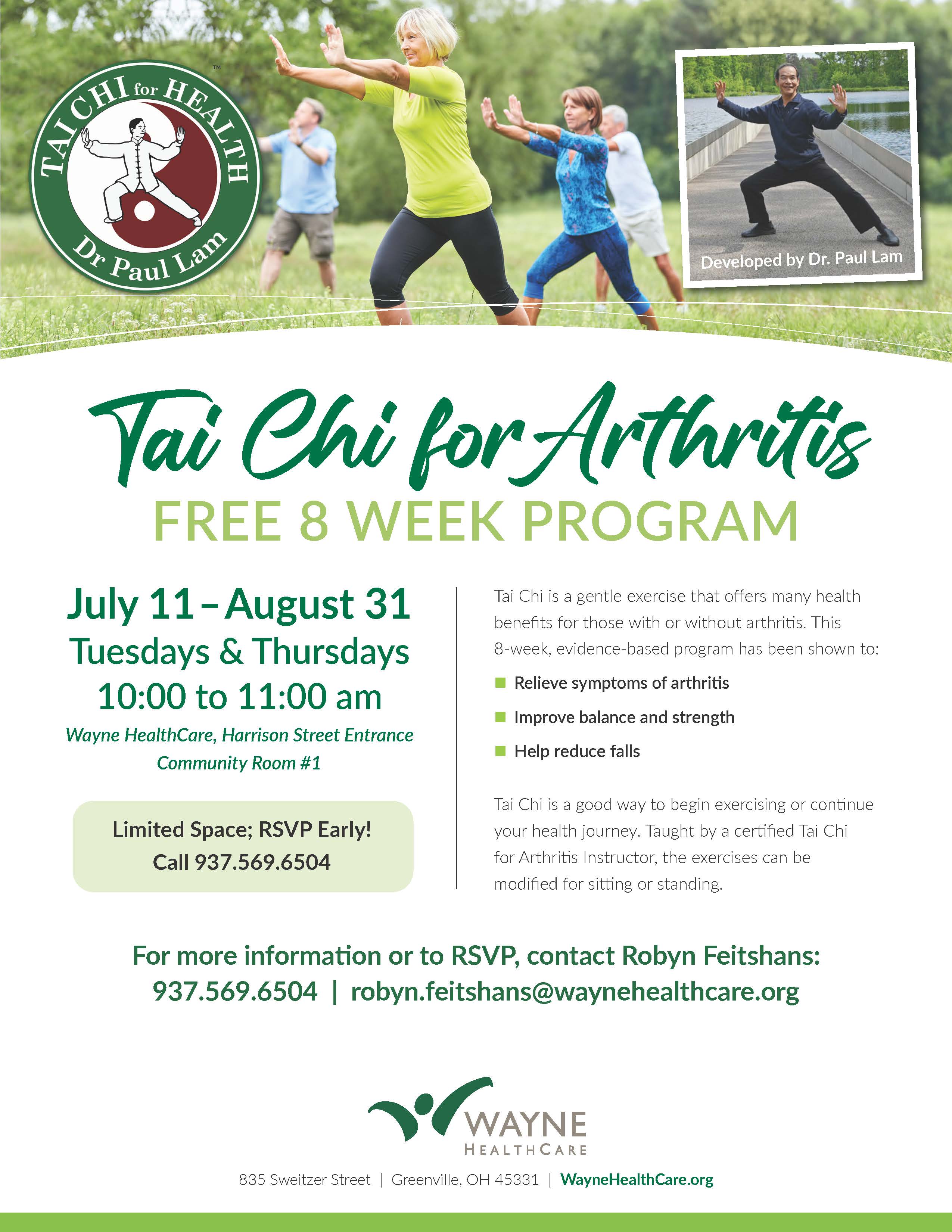 Peolpe doing tai chi in the park and information about tai chi program at Wayne HealthCare